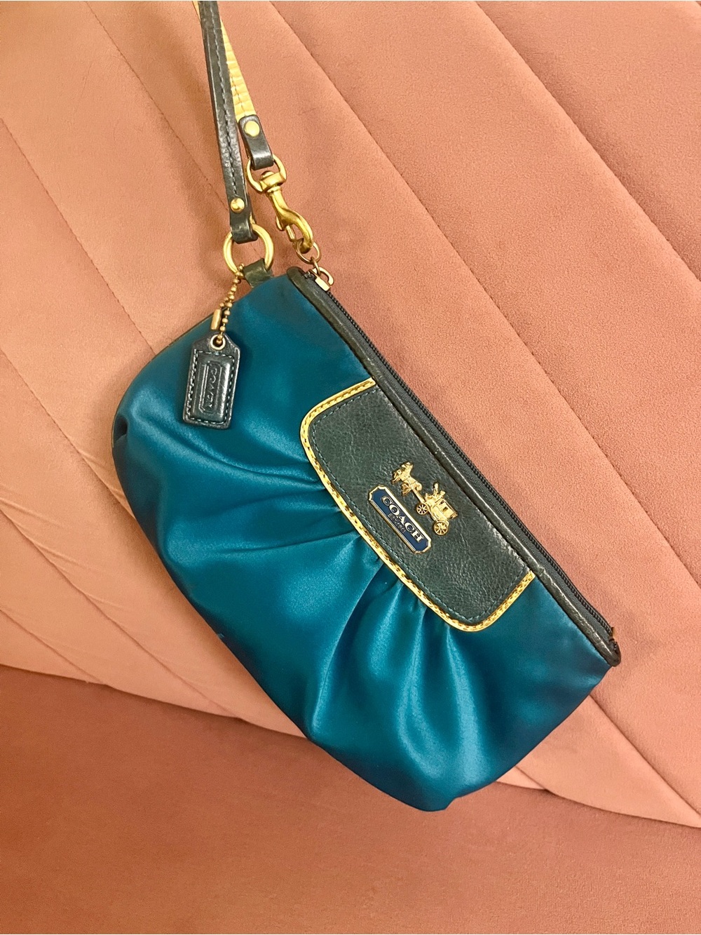 Coach Amanda Satin Capacity Wristlet (Style #42032) in Teal / Peacock Blue.